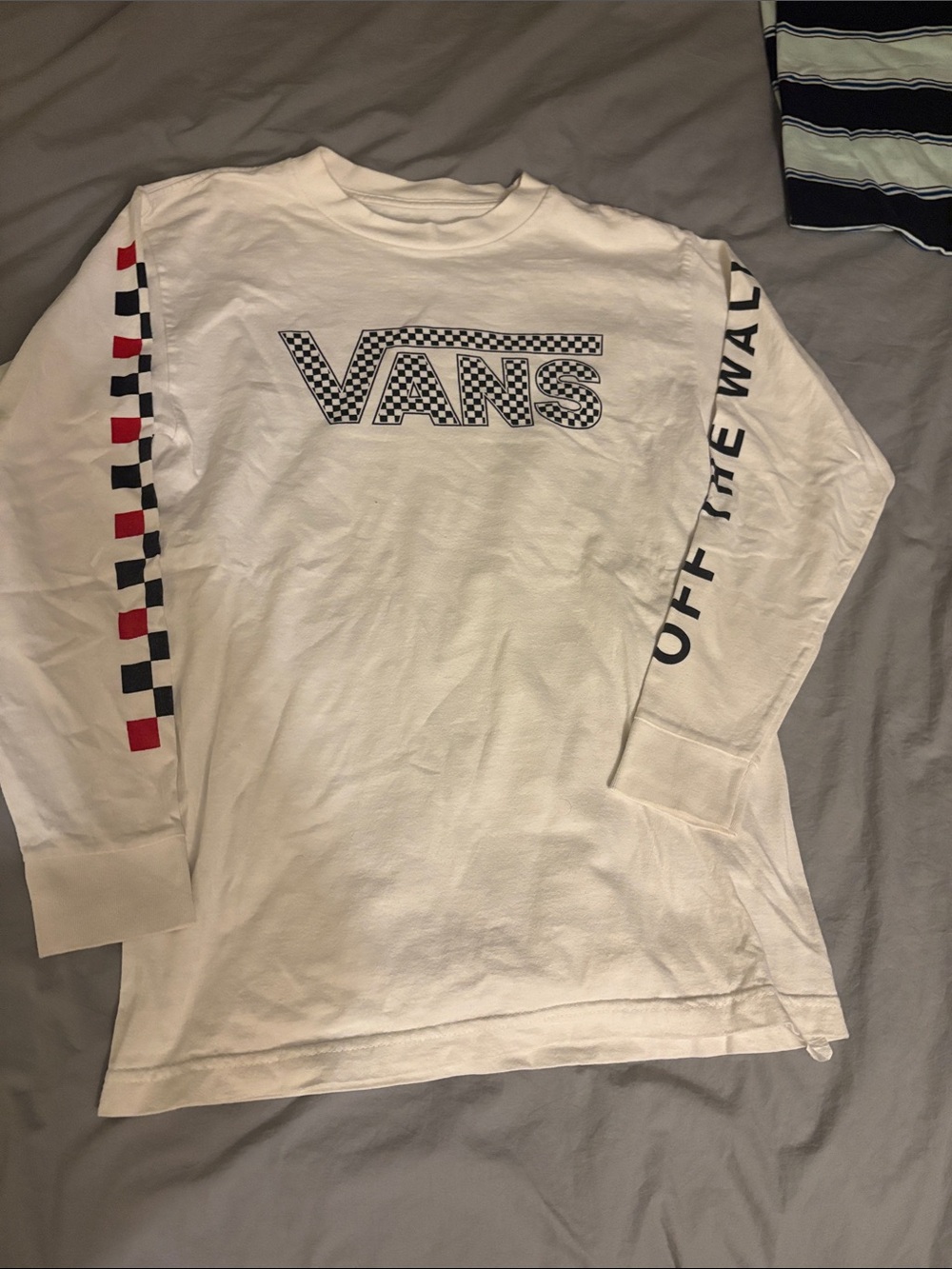 New Vans White Long Sleeve Tee with Black Checker Logo and Red Sleeve Accents